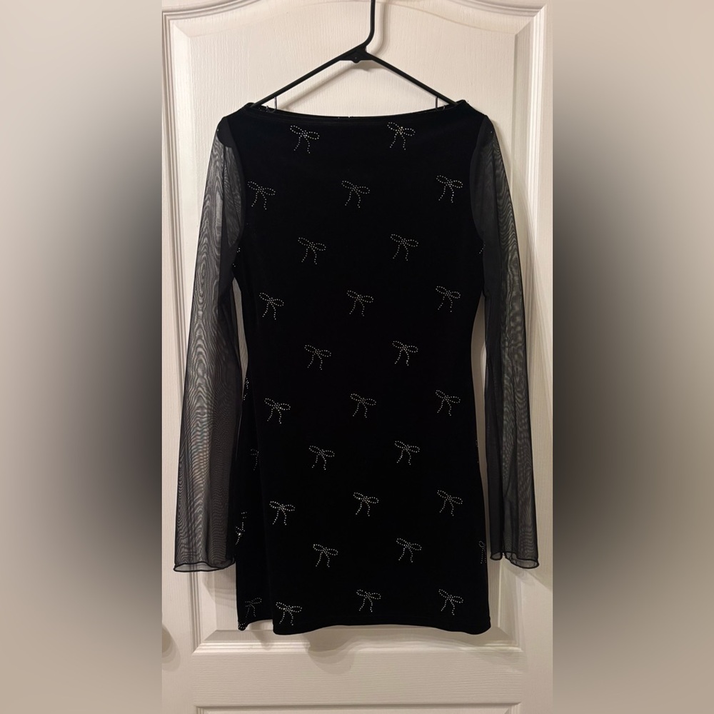 SHEIN Black Long Sleeve Mini Dress with Silver Bow Accents